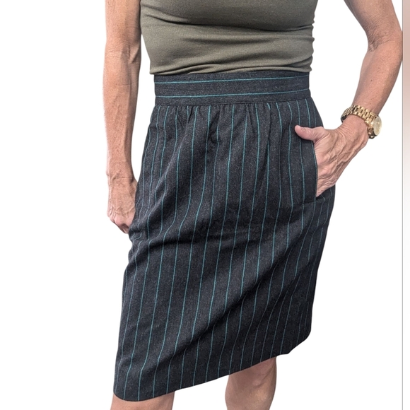 Escada Dresses & Skirts - Vintage Escada Charcoal Grey Cashmere Wool Skirt Teal Pinstripe Size 36